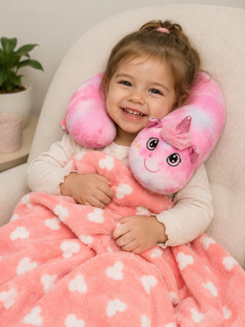 Comfort Bay for Kids Unicorn Neck Pillow & Throw Blanket Set NWT Pink Plush Trav